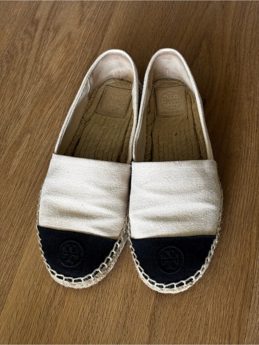 Tory Burch Two-Tone Canvas Espadrilles in Cream and Black